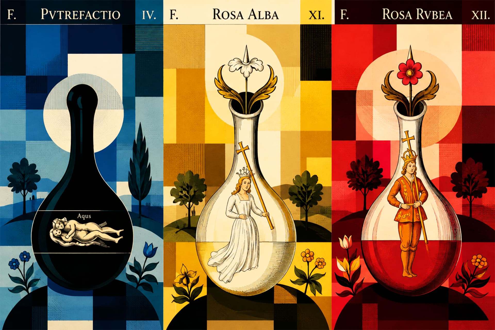 Fases alquímicas: Putrefactio, Rosa Alba y Rosa Rubea, imaginario de Nexus-Terra