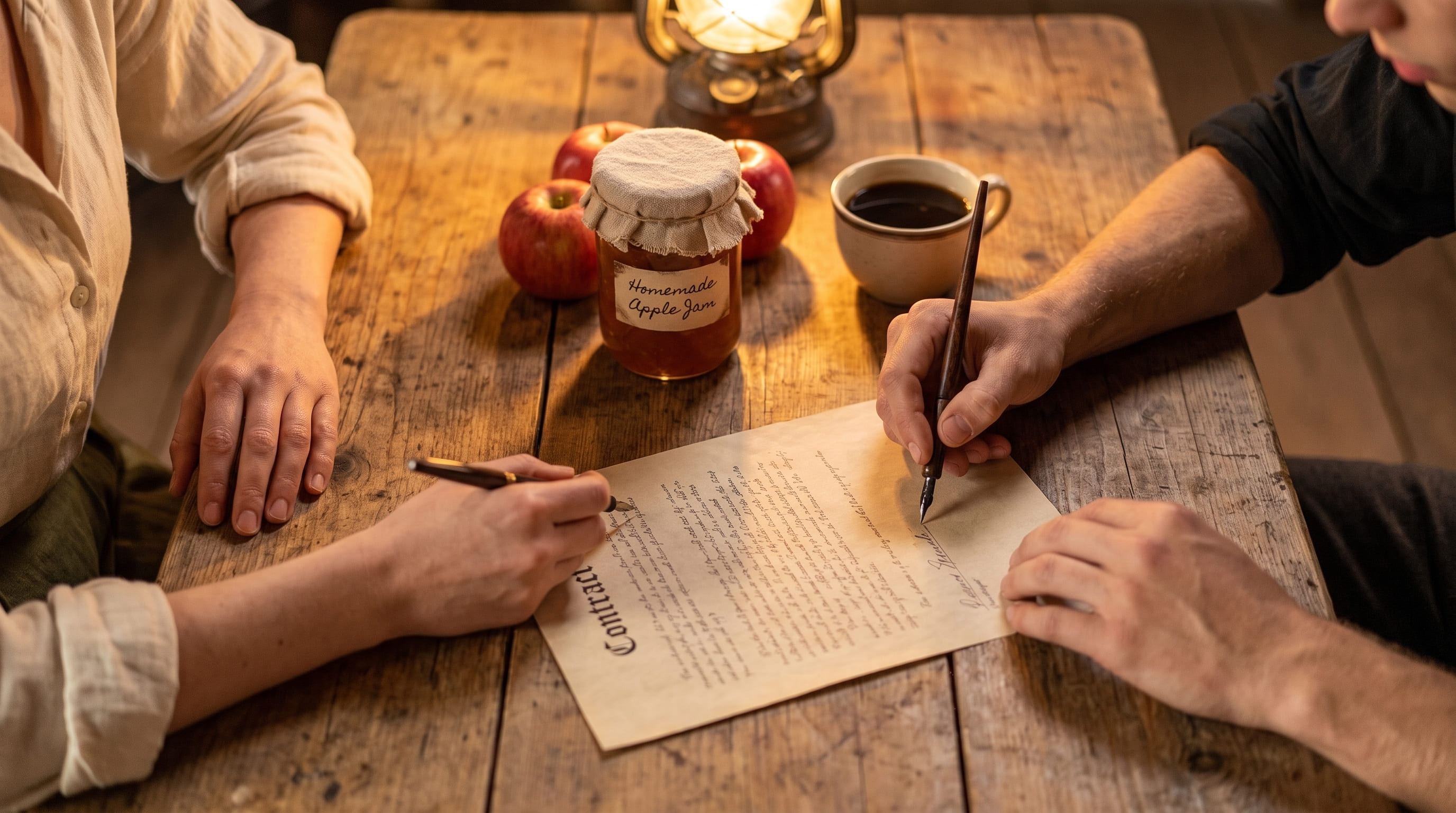 Derek y Aveline firmando el contrato