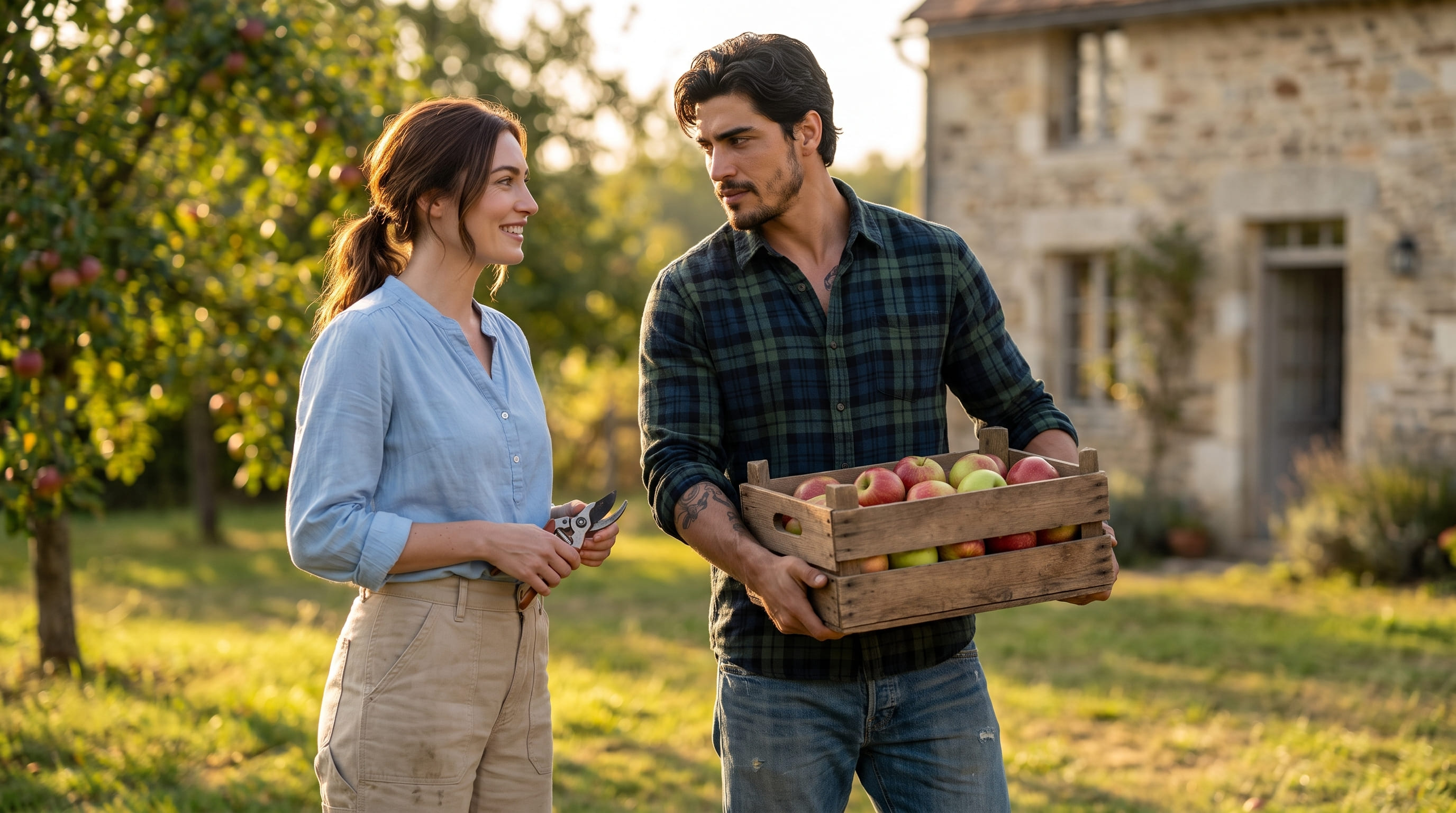Hombre con una caja de manzanas